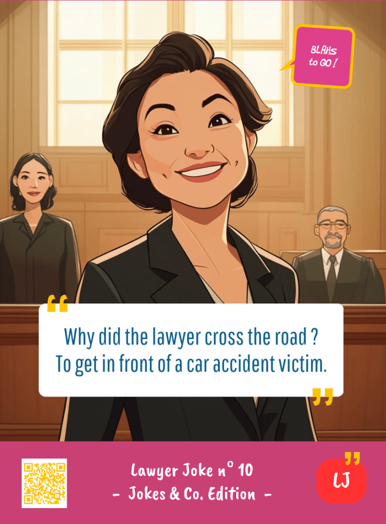 This image represents a Lawyer Joke Blah - aka a quote, a punchline, a mantra and so on - from the Box of Funny Cards / Game "Blahs to Go" where a lawyer says : "Why did the lawyer cross the road ? To get in front of a car accident victim."