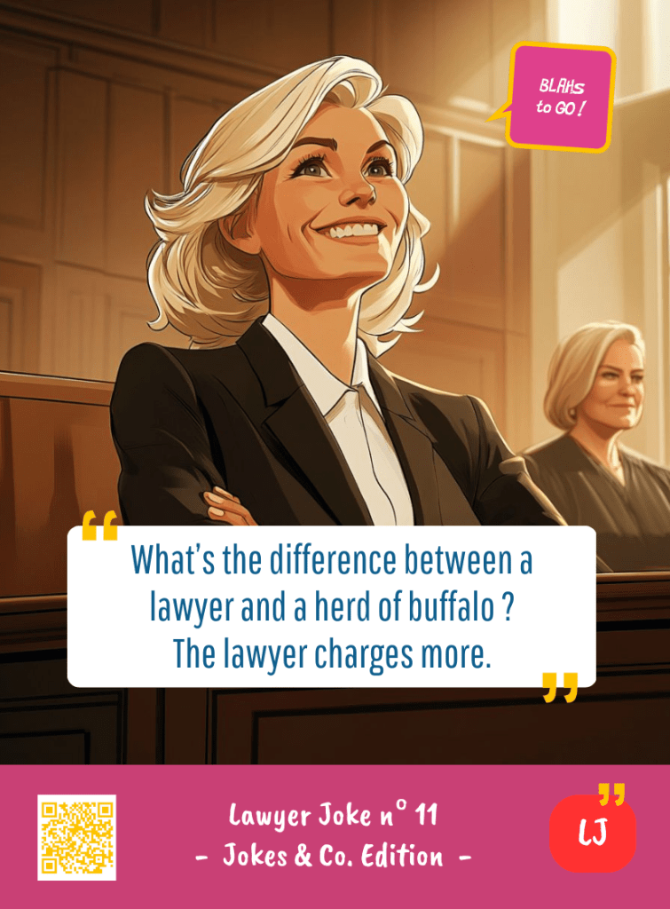 This image represents a Lawyer Joke Blah - aka a quote, a punchline, a mantra and so on - from the Box of Funny Cards / Game "Blahs to Go" where a lawyer says : "What's the difference between a lawyer and a herd of buffalo ? The lawyer charges more."