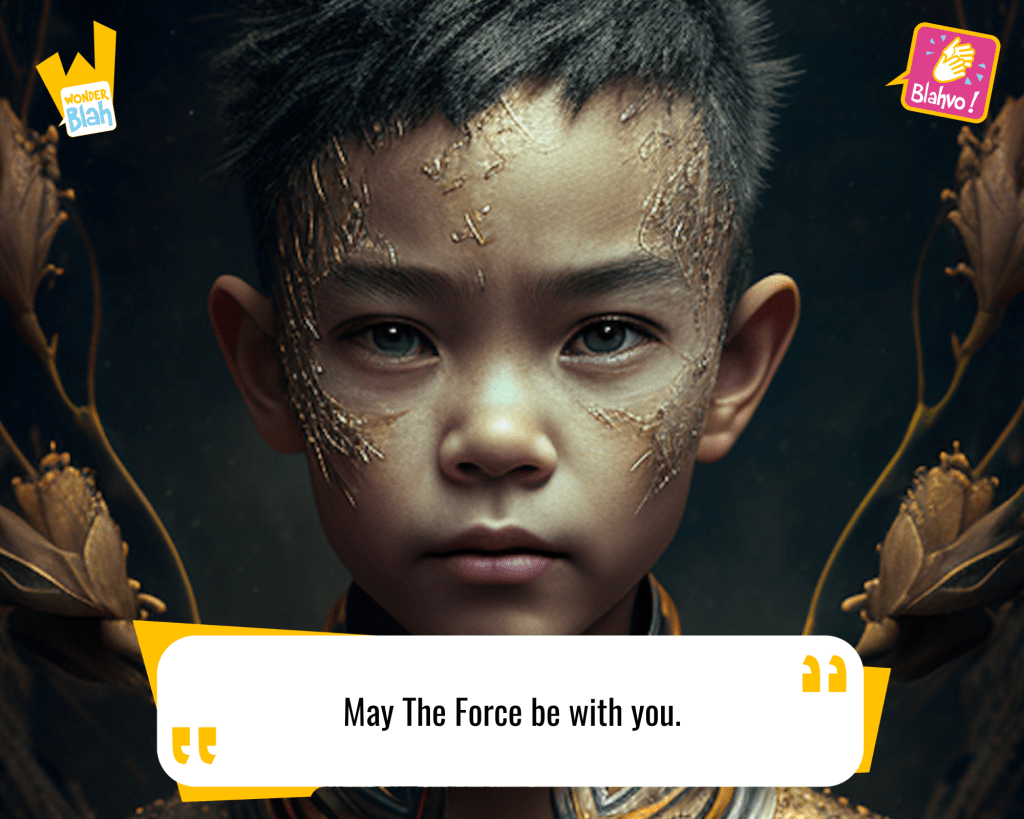 This image represents a Blah - aka a quote, a punchline, a mantra and so on - from the movie "Star Wars : A New Hope (1977)" where an extra-terrestrial character says : "May The Force be with you."