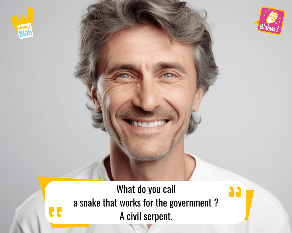 This image represents a Blah - aka a quote, a punchline, a mantra and so on - where a man says : "What do you call a snake that works for the government ? A civil serpent !"