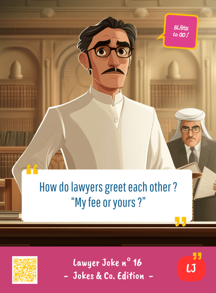 This image represents a Lawyer Joke Blah - aka a quote, a punchline, a mantra and so on - from the Box of Funny Cards / Game "Blahs to Go" where a lawyer says : "How do lawyers greet each other ? My fees or yours ?"