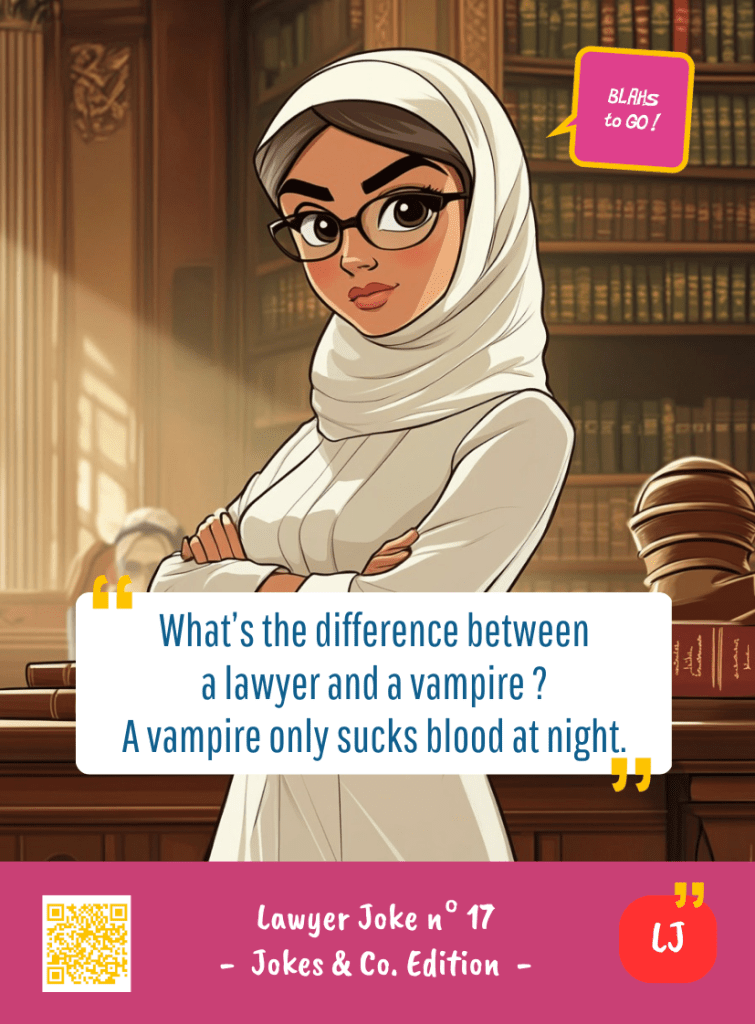 This image represents a Lawyer Joke Blah - aka a quote, a punchline, a mantra and so on - from the Box of Funny Cards / Game "Blahs to Go" where a lawyer says : "What's the difference between a lawyer and a vampire ? A vampire only sucks blood at night."