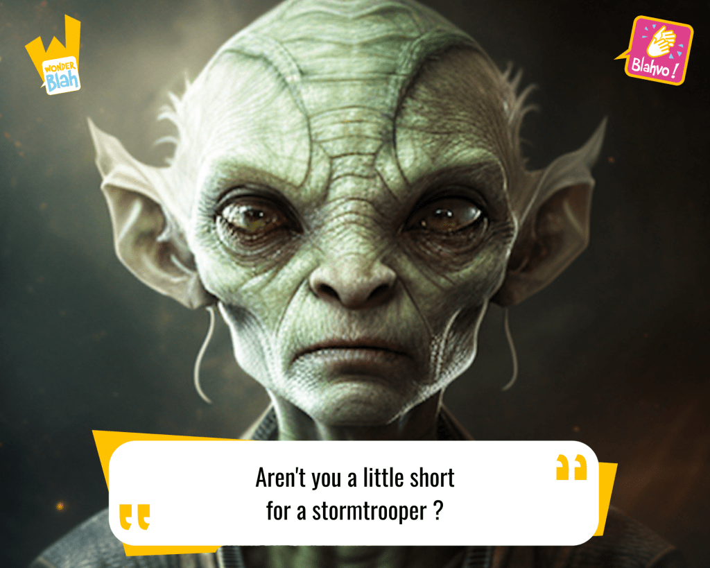 This image represents a Blah - aka a quote, a punchline, a mantra and so on - from the movie "Star Wars : A New Hope (1977)" where an extra-terrestrial character says : "Aren't you a little short for a stormtrooper ?"