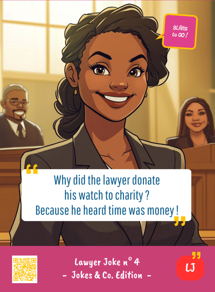 This image represents a Lawyer Joke Blah - aka a quote, a punchline, a mantra and so on - from the Box of Funny Cards / Game "Blahs to Go" where a lawyer says : "Why did the lawyer donate his watch to charity ? Because he heard time was money."