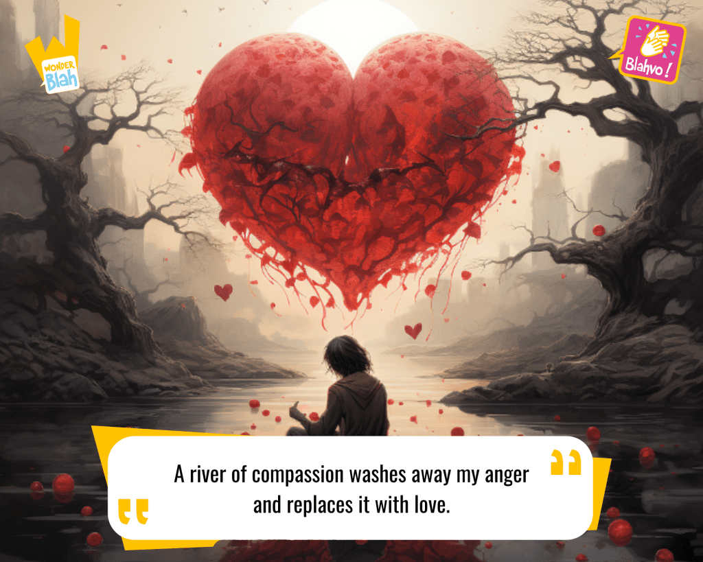 This image represents a Blah - aka a quote, a punchline, a mantra and so on - representing a mystical landscape where a man is saying the following Hindu Mantra : "A river of compassion washes away my anger
and replaces it with love."