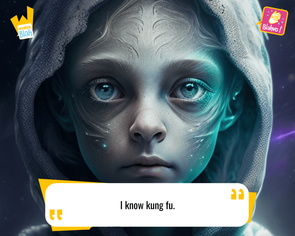 This image represents a Blah - aka a quote, a punchline, a mantra and so on - from the movie "The Matrix (1999)" where an extra-terrestrial character says : "I know kung fu."