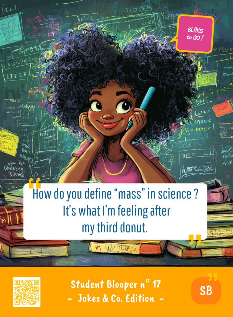 This image represents a Student Blooper Blah - aka a quote, a punchline, a mantra and so on - from the Box of Funny Cards / Game "Blahs to Go" where a young student 
 says : "How do you define "mass" in science ? It's what I'm feeling after my third donut."