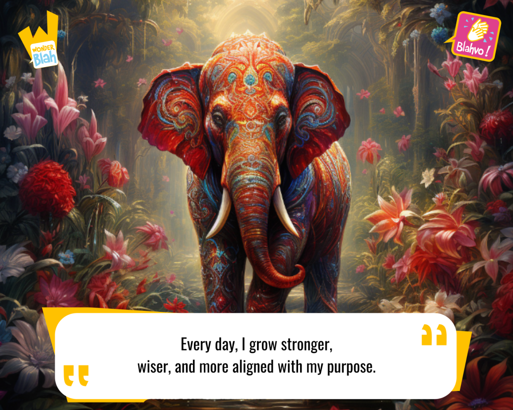 This image represents a Blah - aka a quote, a punchline, a mantra and so on - representing a mystical elephant saying the following Hindu Mantra : "Every day, I grow stronger, wiser, and more aligned with my purpose."