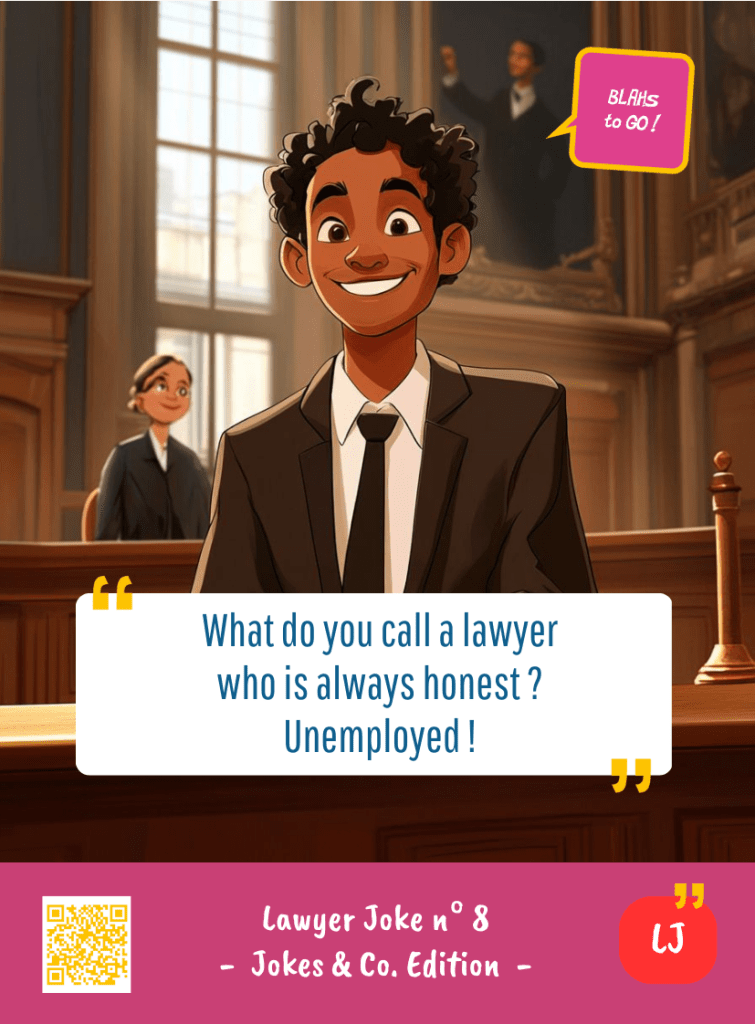 This image represents a Lawyer Joke Blah - aka a quote, a punchline, a mantra and so on - from the Box of Funny Cards / Game "Blahs to Go" where a lawyer says : "What do you call a lawyer who is always honest ? Unemployed !"