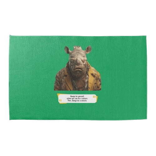 This image represents a Blah - aka a quote, a punchline, a mantra and so on - written on a welcome mat from The Blah Blah Shop that says : "Always be yourself, unless you can be a unicorn. Then, always be a unicorn."