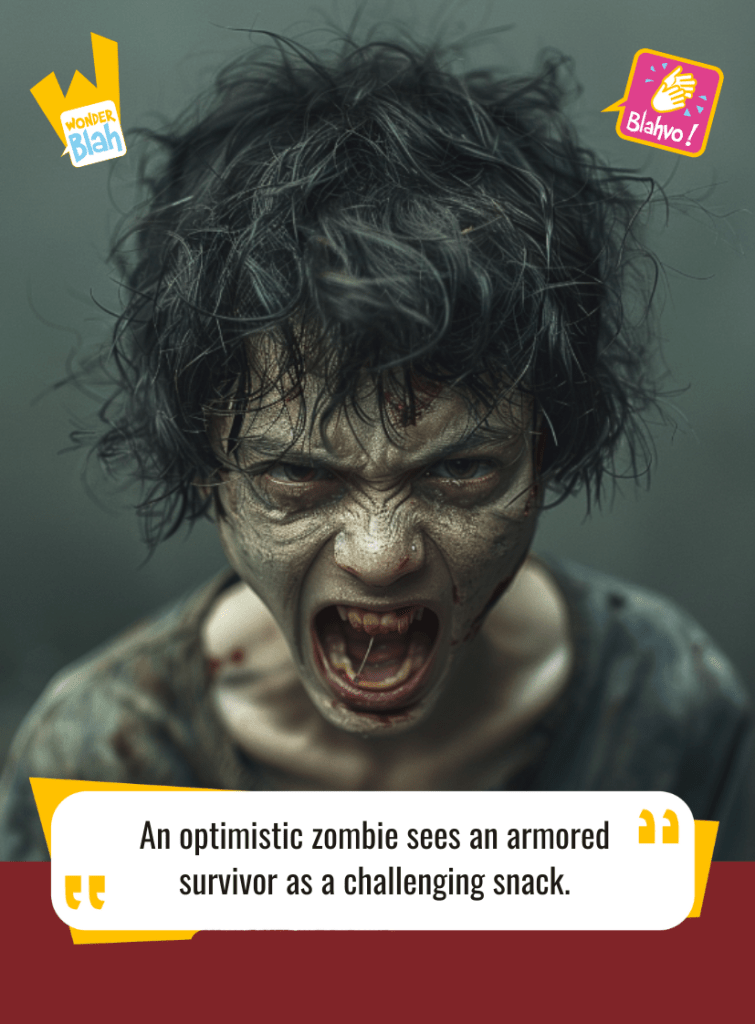 This image represents a Blah - aka a quote, a punchline, a mantra and so on - where a zombie says : "An optimistic zombie sees an armored survivor as a challenging snack."