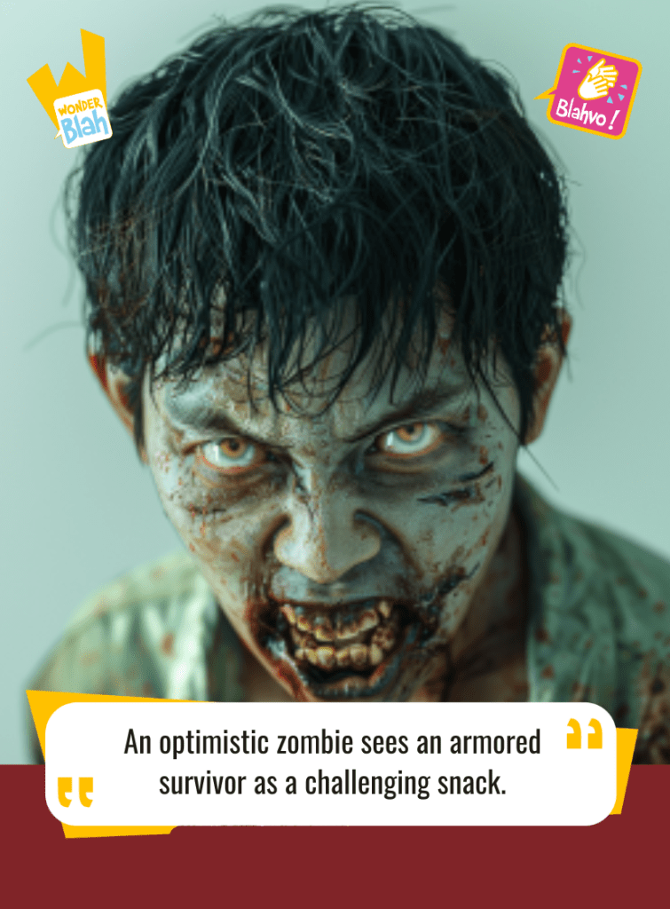 This image represents a Blah - aka a quote, a punchline, a mantra and so on - where a zombie says : "An optimistic zombie sees an armored survivor as a challenging snack."