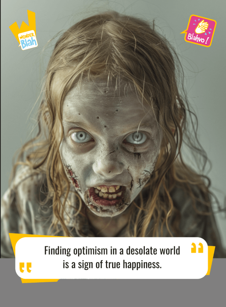 This image represents a Blah - aka a quote, a punchline, a mantra and so on - where a zombie says : "Finding optimism in a desolate world is a sign of true happiness."