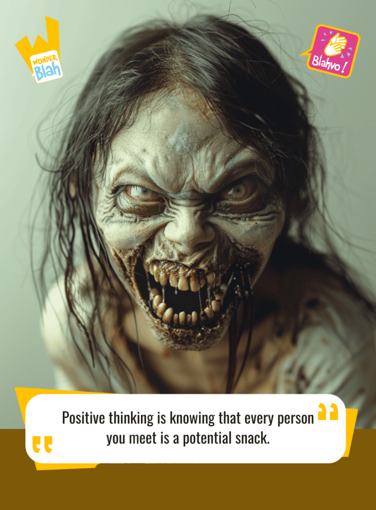 This image represents a Blah - aka a quote, a punchline, a mantra and so on - where a zombie says : "Positive thinking is knowing that every person you meet is a potential snack."