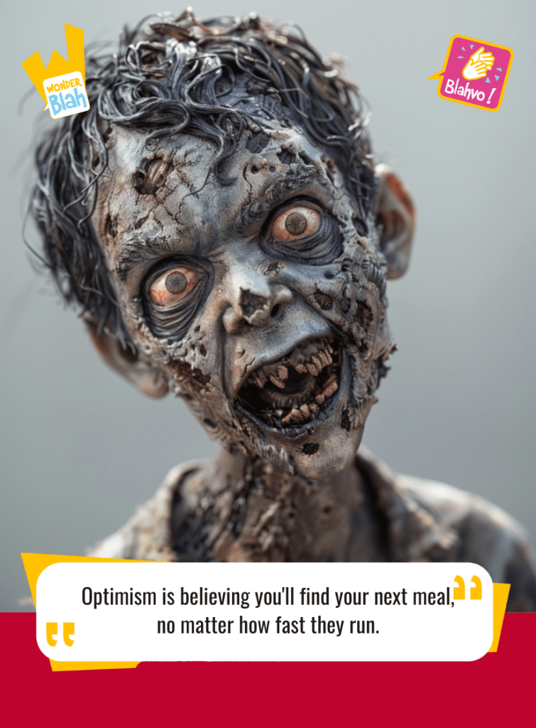 This image represents a Blah - aka a quote, a punchline, a mantra and so on - where a zombie says : "Optimism is believing you'll find your next meal, no matter how fast they run."
