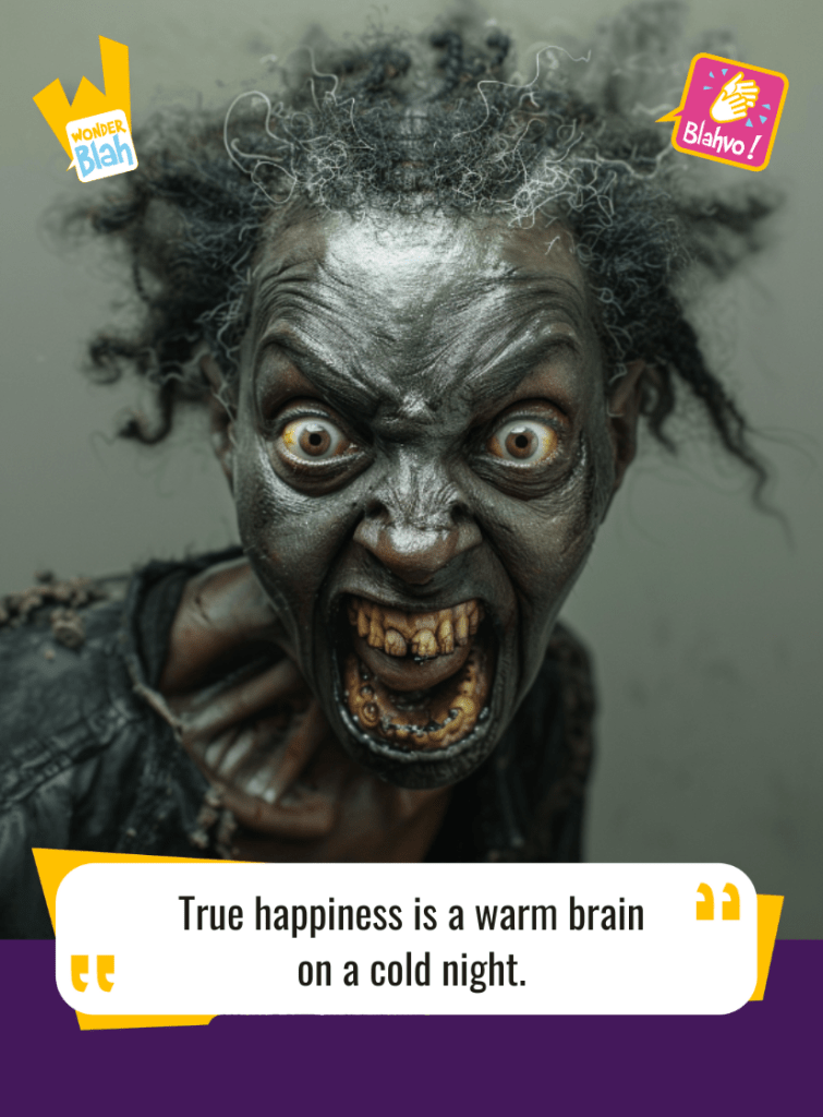 This image represents a Blah - aka a quote, a punchline, a mantra and so on - where a zombie says : "True happiness is a warm brain on a cold night."