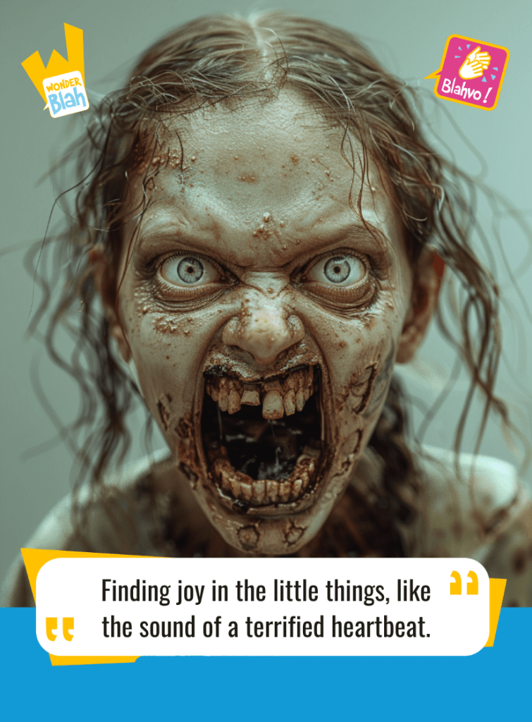 This image represents a Blah - aka a quote, a punchline, a mantra and so on - where a zombie says : "Finding joy in the little things, like the sound of a terrified heartbeat."