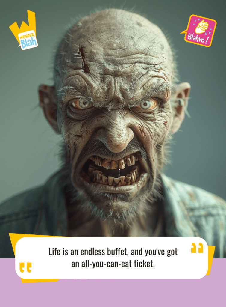 This image represents a Blah - aka a quote, a punchline, a mantra and so on - where a zombie says : "Life is an endless buffet, and you've got an all-you-can-eat ticket."