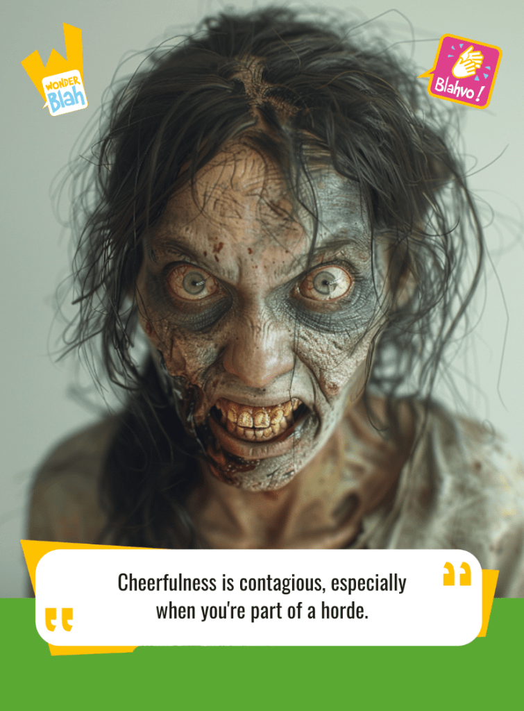 This image represents a Blah - aka a quote, a punchline, a mantra and so on - where a zombie says : "Cheerfulness is contagious, especially when you're part of a horde."