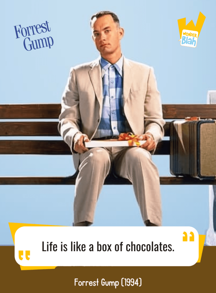 This image represents a Blah - aka a quote, a punchline, a mantra and so on - from the movie "Forrest GUMP" where the character Forrest GUMP played by actor Tom HANKS says : "Life is like a box of chocolates."