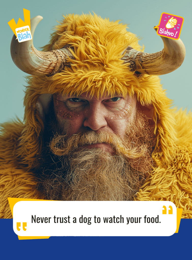 This image represents a Blah - aka a quote, a punchline, a mantra and so on - where a viking dressed in a yellow outfit says : "Never trust a dog to watch your food."